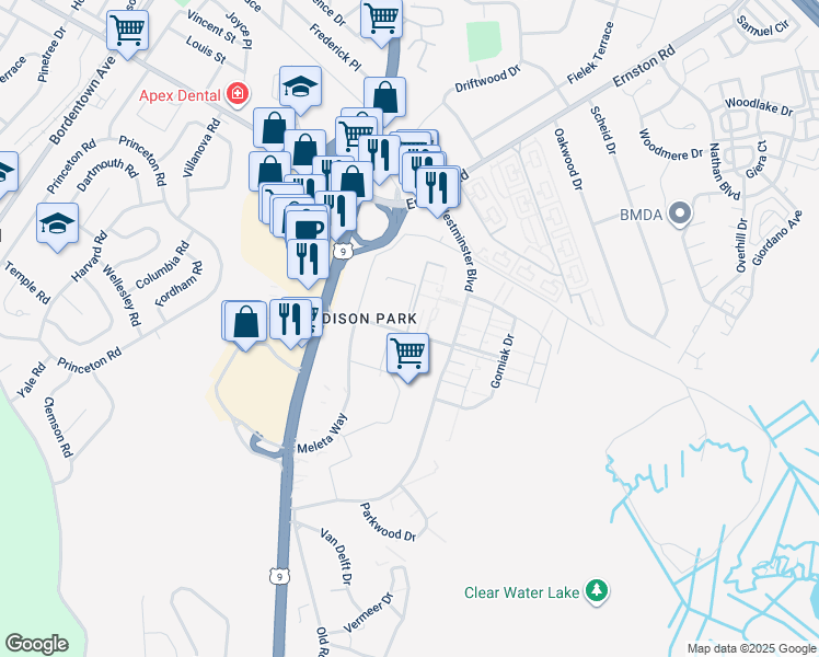 map of restaurants, bars, coffee shops, grocery stores, and more near 59 Downing Street in Old Bridge