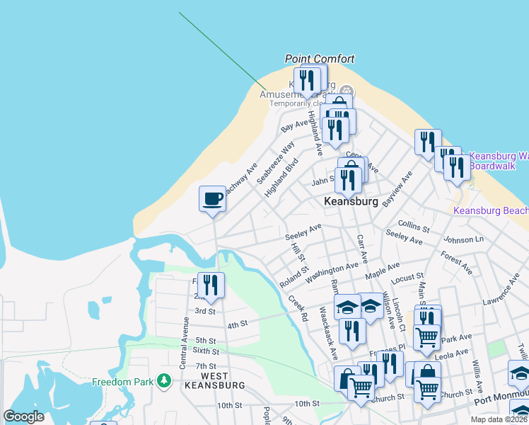 map of restaurants, bars, coffee shops, grocery stores, and more near 21 Saint James Place in Keansburg