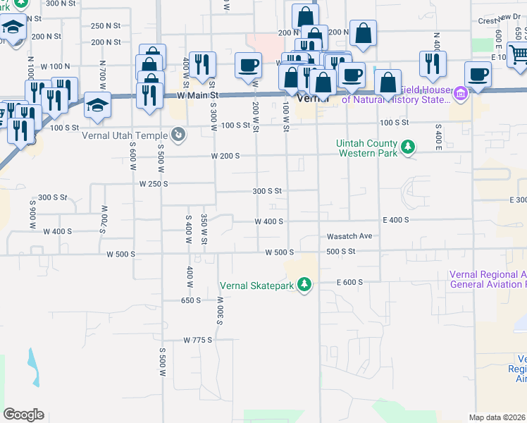 map of restaurants, bars, coffee shops, grocery stores, and more near 361 South 200 West in Vernal