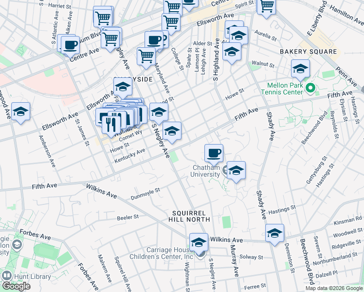 map of restaurants, bars, coffee shops, grocery stores, and more near 5747 Fifth Avenue in Allegheny