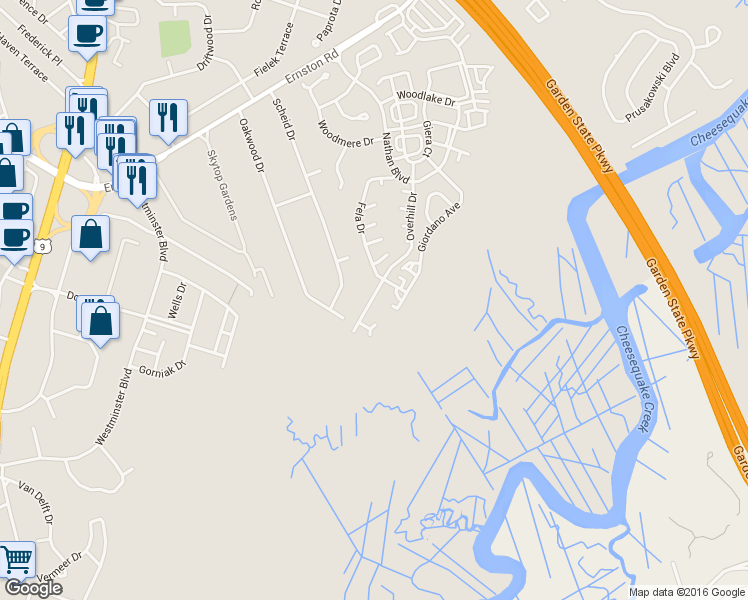 map of restaurants, bars, coffee shops, grocery stores, and more near 99 Overhill Drive in Sayreville