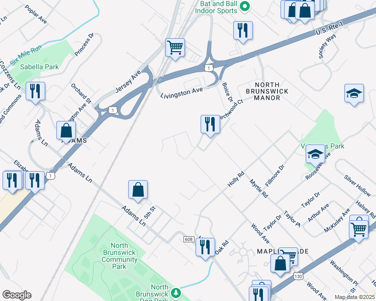 map of restaurants, bars, coffee shops, grocery stores, and more near 4208 Birchwood Court in North Brunswick Township