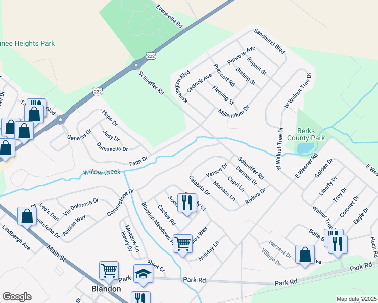 map of restaurants, bars, coffee shops, grocery stores, and more near 338 Cornerstone Drive in Blandon