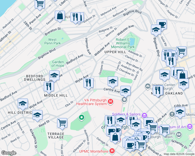 map of restaurants, bars, coffee shops, grocery stores, and more near 3031 Vancroft Street in Pittsburgh
