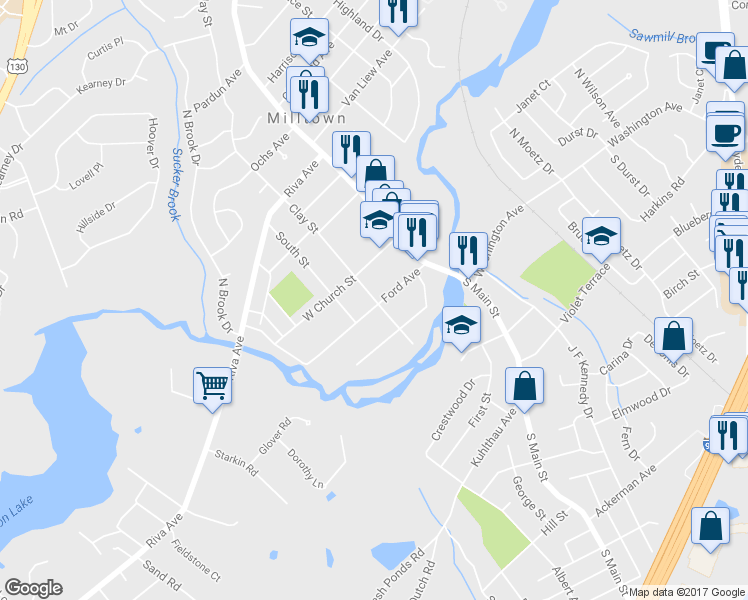 map of restaurants, bars, coffee shops, grocery stores, and more near 13 Clay Street in Milltown