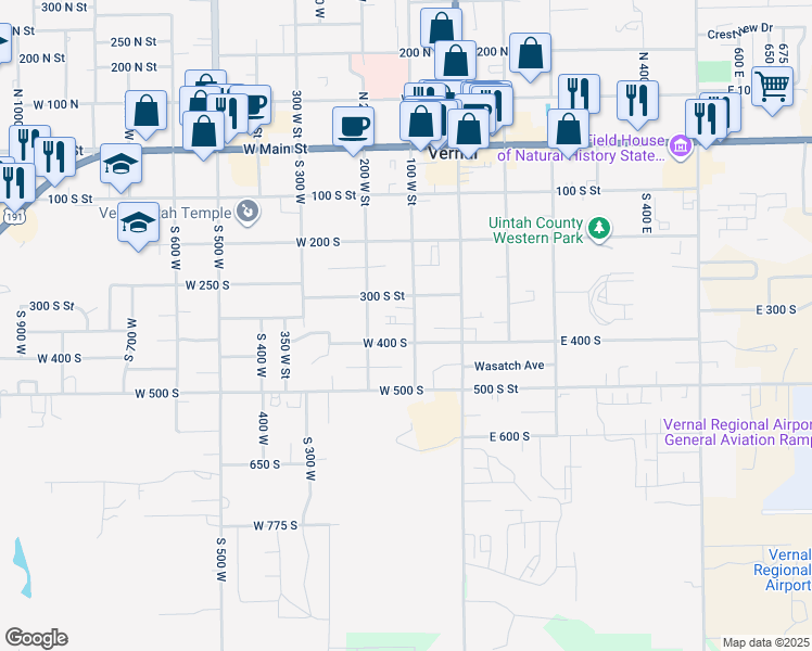 map of restaurants, bars, coffee shops, grocery stores, and more near 361 South 100 West in Vernal