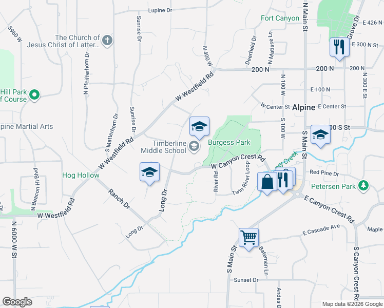 map of restaurants, bars, coffee shops, grocery stores, and more near 500 West Canyon Crest Road in Alpine