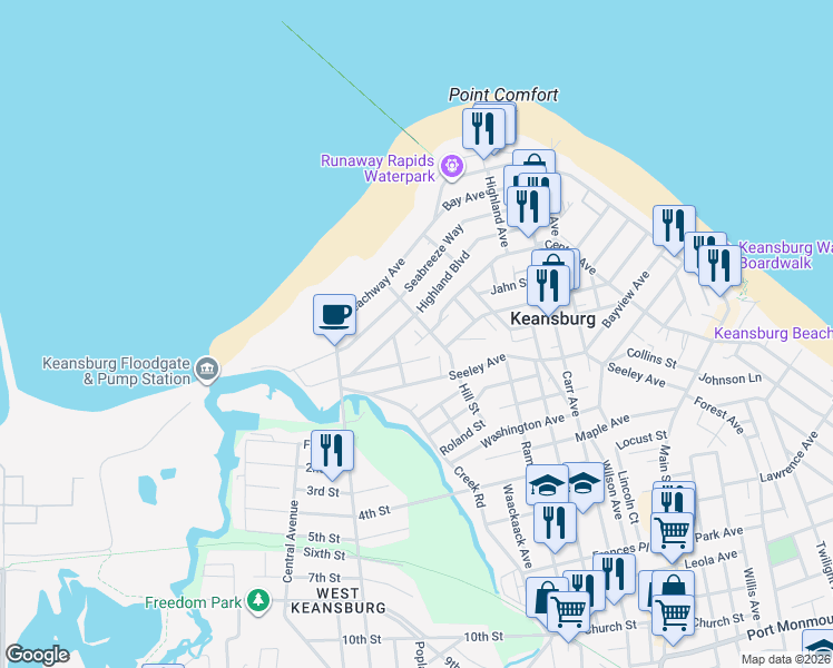 map of restaurants, bars, coffee shops, grocery stores, and more near 21 Saint James Place in Keansburg