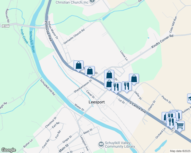 map of restaurants, bars, coffee shops, grocery stores, and more near 103 Spring Garden Street in Leesport