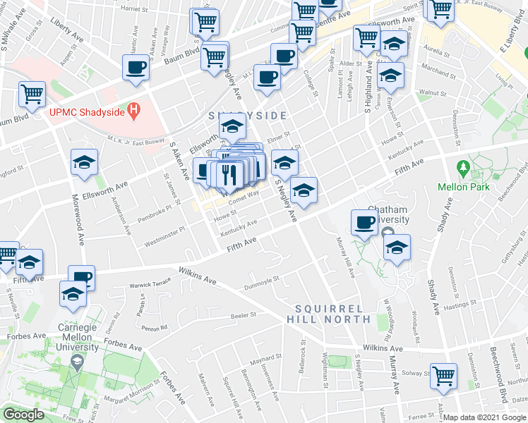map of restaurants, bars, coffee shops, grocery stores, and more near 5526 Howe Street in Pittsburgh