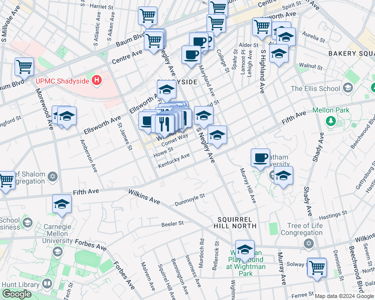 map of restaurants, bars, coffee shops, grocery stores, and more near 5526 Howe Street in Pittsburgh