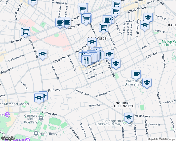 map of restaurants, bars, coffee shops, grocery stores, and more near in Pittsburgh