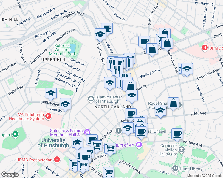 map of restaurants, bars, coffee shops, grocery stores, and more near 259 North Dithridge Street in Pittsburgh