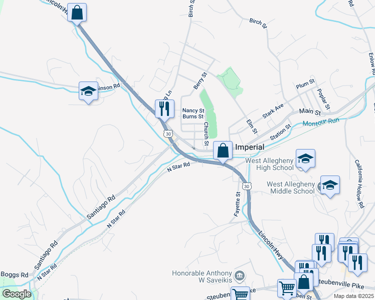 map of restaurants, bars, coffee shops, grocery stores, and more near 160 Main Street in Imperial