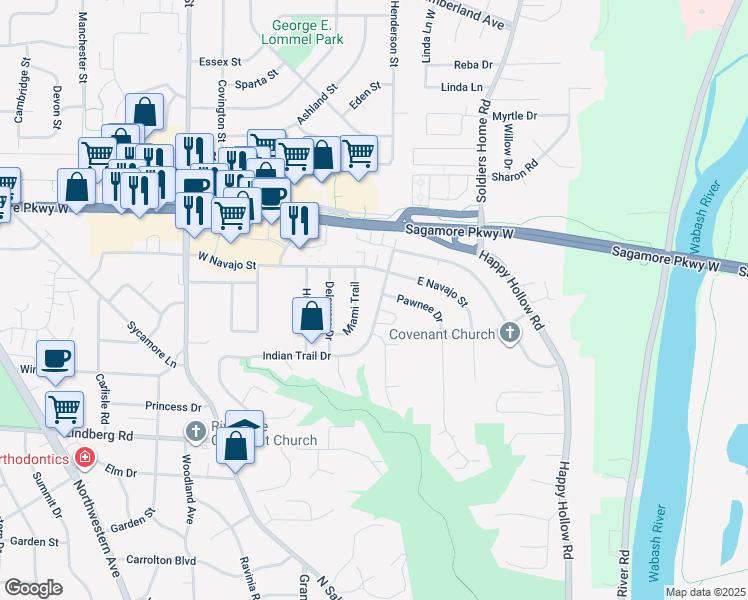 map of restaurants, bars, coffee shops, grocery stores, and more near 104 Pawnee Dr in West Lafayette