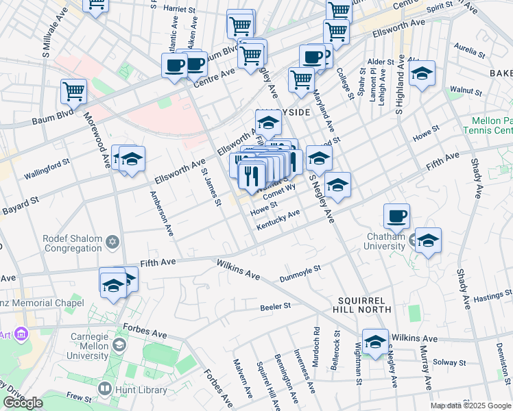 map of restaurants, bars, coffee shops, grocery stores, and more near 5518 Walnut Street in Pittsburgh