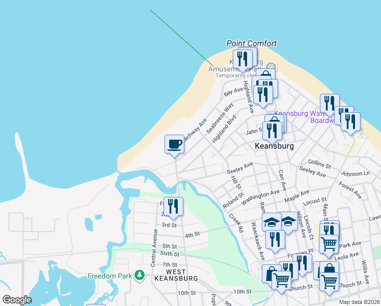 map of restaurants, bars, coffee shops, grocery stores, and more near 179 Seabreeze Way in Keansburg