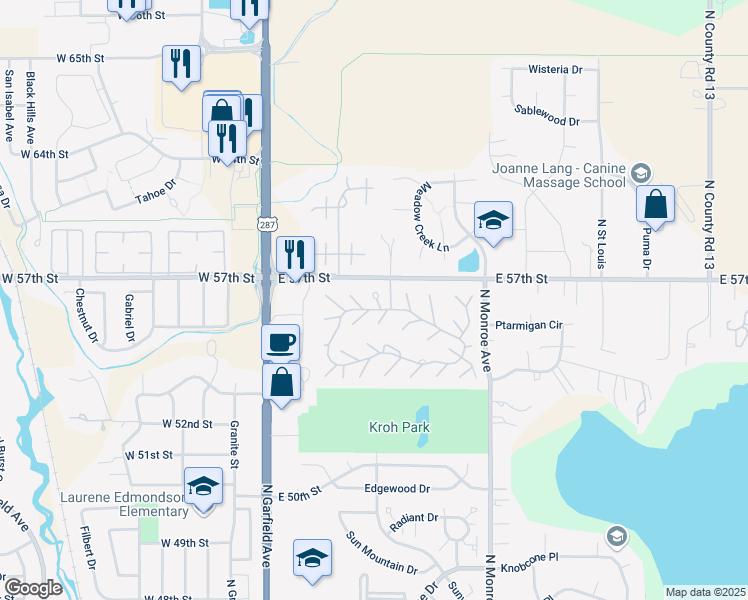 map of restaurants, bars, coffee shops, grocery stores, and more near 420 East 57th Street in Loveland