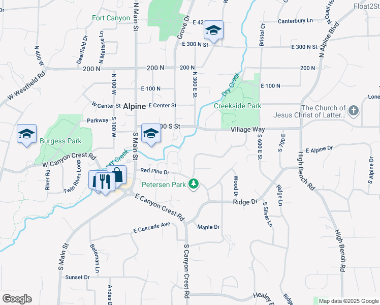 map of restaurants, bars, coffee shops, grocery stores, and more near 307 River Meadow Drive in Alpine