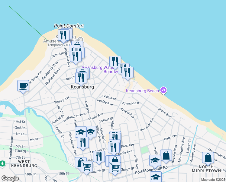map of restaurants, bars, coffee shops, grocery stores, and more near 38 Center Avenue in Keansburg