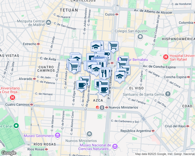 map of restaurants, bars, coffee shops, grocery stores, and more near 1 Plaza Pablo Ruiz Picasso in Madrid