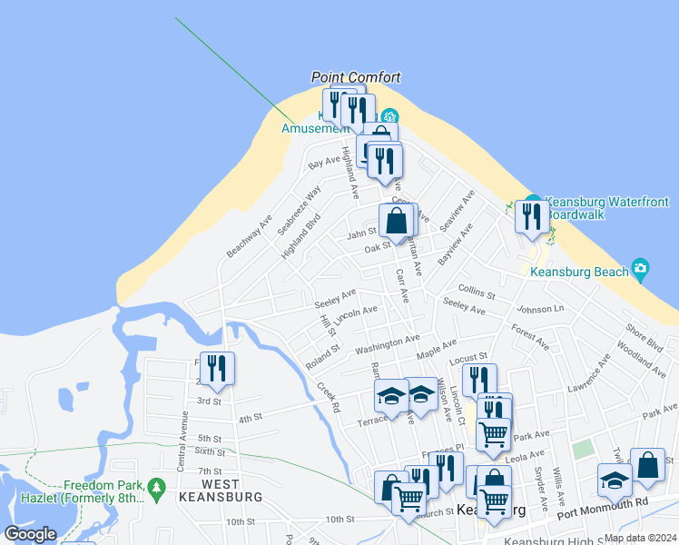 map of restaurants, bars, coffee shops, grocery stores, and more near 25 Roosevelt Avenue in Keansburg