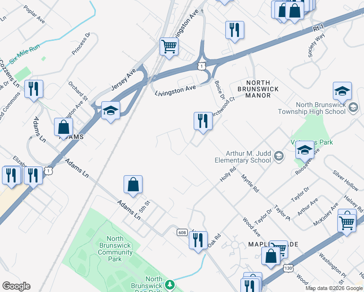 map of restaurants, bars, coffee shops, grocery stores, and more near 4208 Birchwood Court in North Brunswick Township