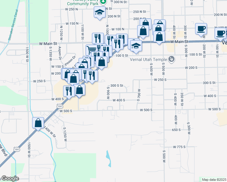 map of restaurants, bars, coffee shops, grocery stores, and more near 872 West 350 South in Vernal
