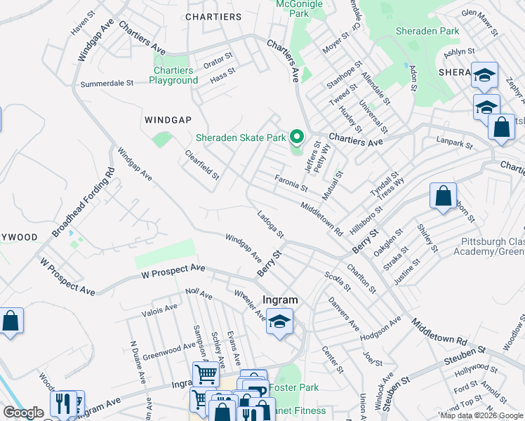 map of restaurants, bars, coffee shops, grocery stores, and more near 3238 Ladoga Street in Pittsburgh