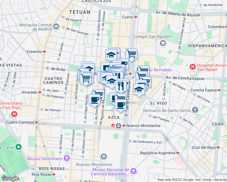 map of restaurants, bars, coffee shops, grocery stores, and more near 1 Plaza Pablo Ruiz Picasso in Madrid