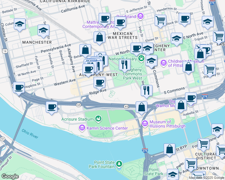 map of restaurants, bars, coffee shops, grocery stores, and more near 807 Ridge Avenue in Pittsburgh