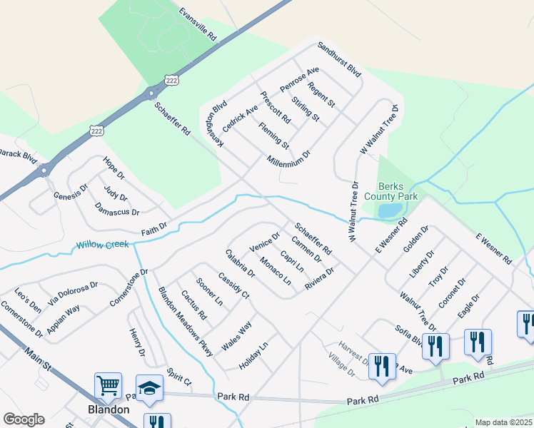map of restaurants, bars, coffee shops, grocery stores, and more near 504 Calabria Drive in Blandon