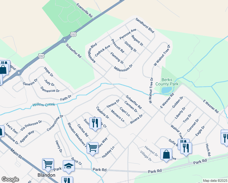 map of restaurants, bars, coffee shops, grocery stores, and more near 504 Calabria Drive in Blandon