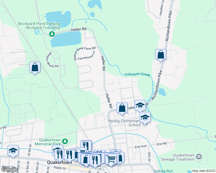 map of restaurants, bars, coffee shops, grocery stores, and more near 208 Yardley Court in Quakertown