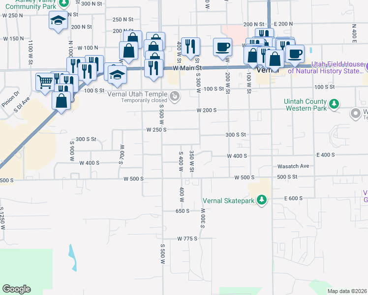 map of restaurants, bars, coffee shops, grocery stores, and more near 355 South 400 West in Vernal