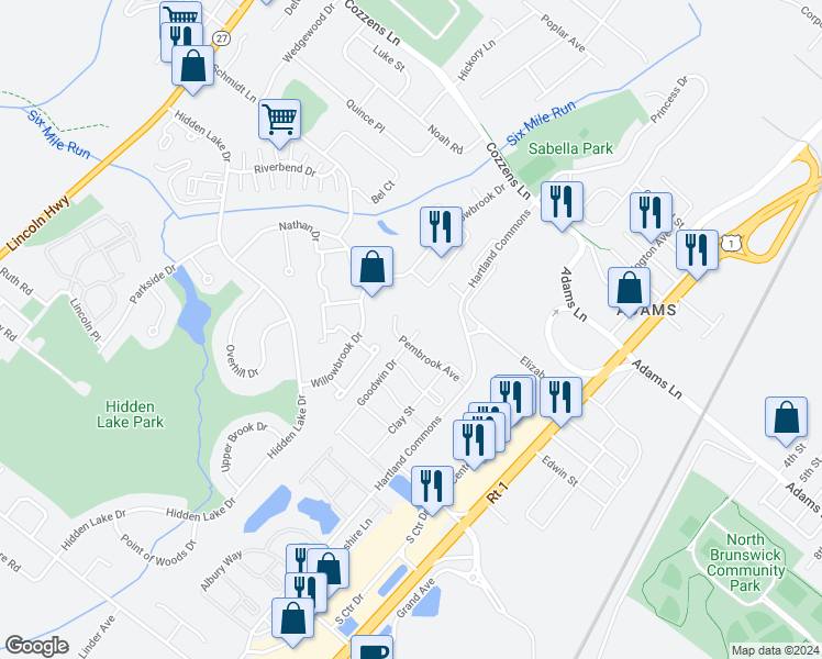 map of restaurants, bars, coffee shops, grocery stores, and more near 94 Goodwin Drive in North Brunswick Township