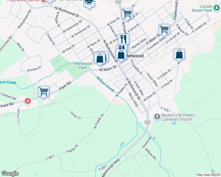 map of restaurants, bars, coffee shops, grocery stores, and more near 120 South Chestnut Street in Fleetwood