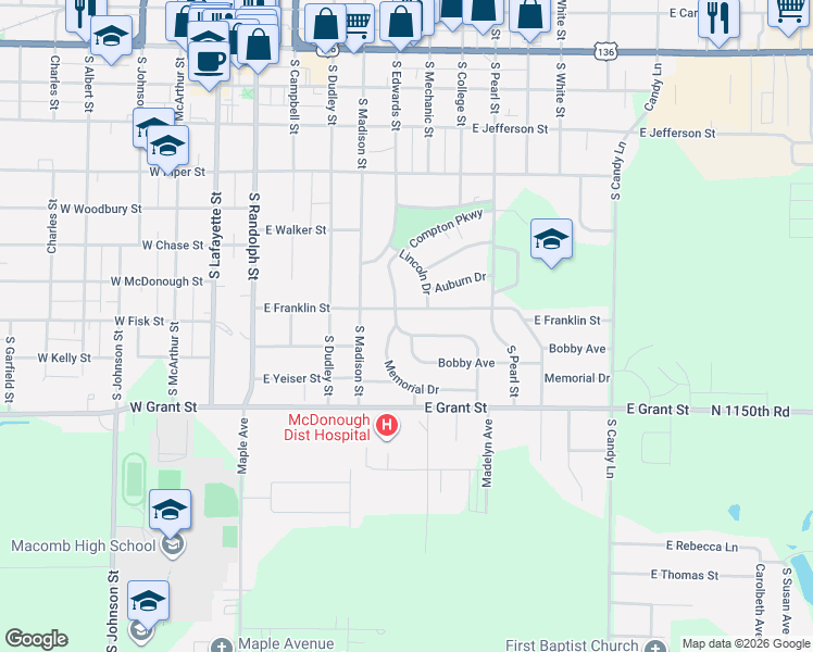 map of restaurants, bars, coffee shops, grocery stores, and more near 712 Madelyn Avenue in Macomb