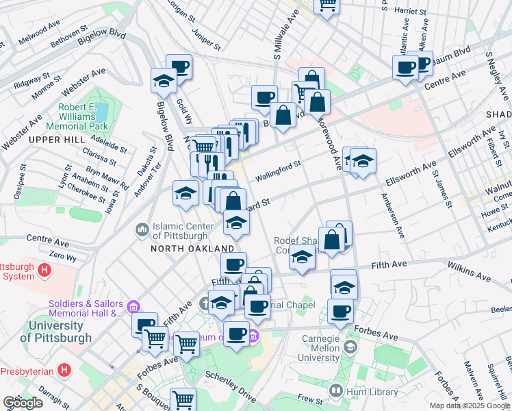 map of restaurants, bars, coffee shops, grocery stores, and more near N Neville St & Bayard St in Pittsburgh