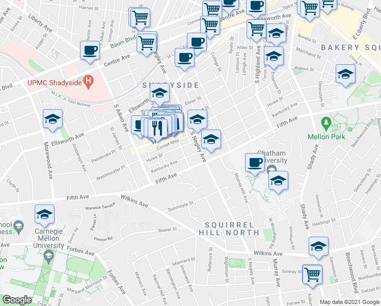 map of restaurants, bars, coffee shops, grocery stores, and more near 5619 Kentucky Avenue in Pittsburgh