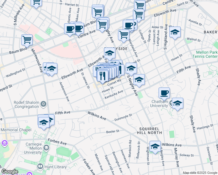 map of restaurants, bars, coffee shops, grocery stores, and more near 5518 Walnut Street in Pittsburgh