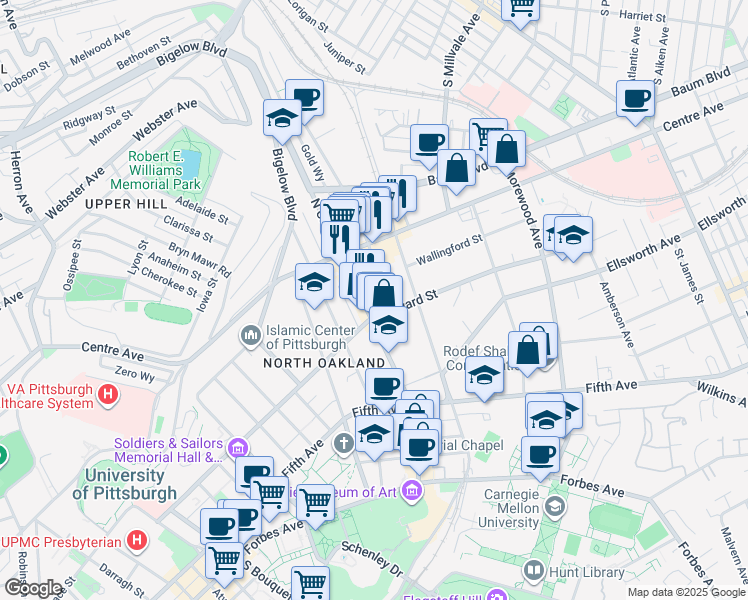 map of restaurants, bars, coffee shops, grocery stores, and more near 216 Melwood Avenue in Pittsburgh
