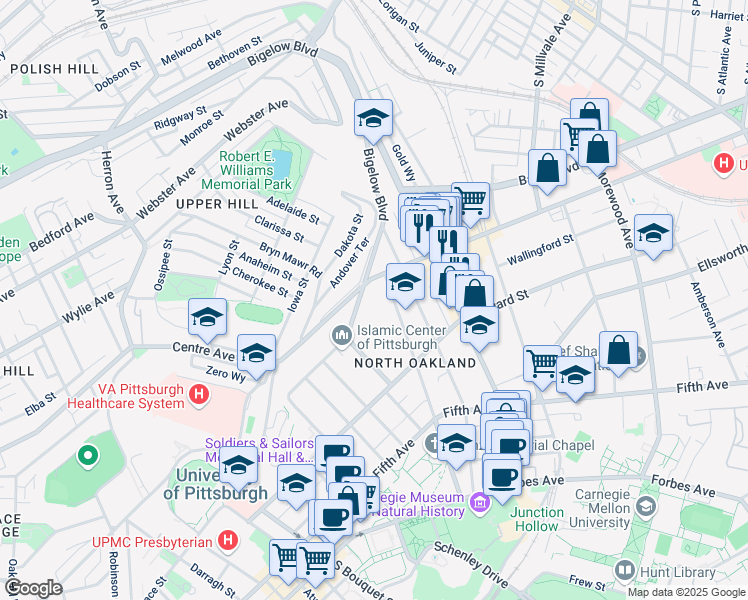 map of restaurants, bars, coffee shops, grocery stores, and more near 4101 Bigelow Boulevard in Pittsburgh