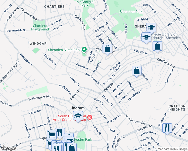 map of restaurants, bars, coffee shops, grocery stores, and more near 3100 Middletown Road in Pittsburgh