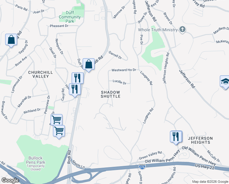 map of restaurants, bars, coffee shops, grocery stores, and more near 615 Horizon View Dr in Pittsburgh