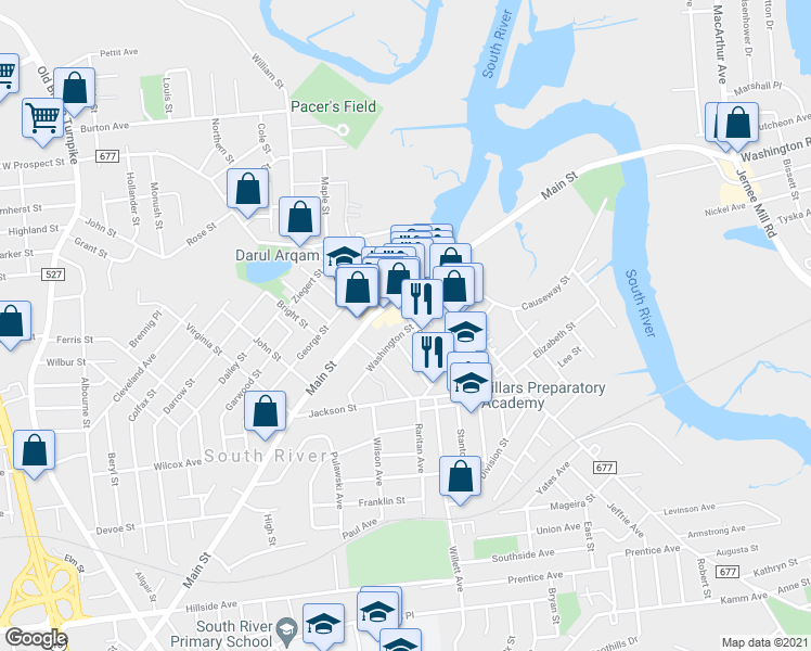 map of restaurants, bars, coffee shops, grocery stores, and more near 27 Washington Street in South River