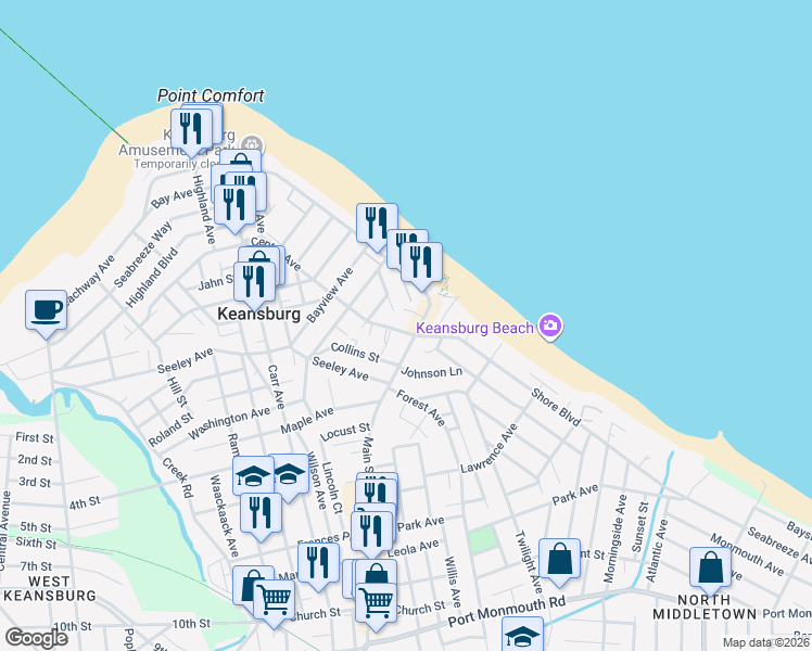 map of restaurants, bars, coffee shops, grocery stores, and more near 7 Center Avenue in Keansburg