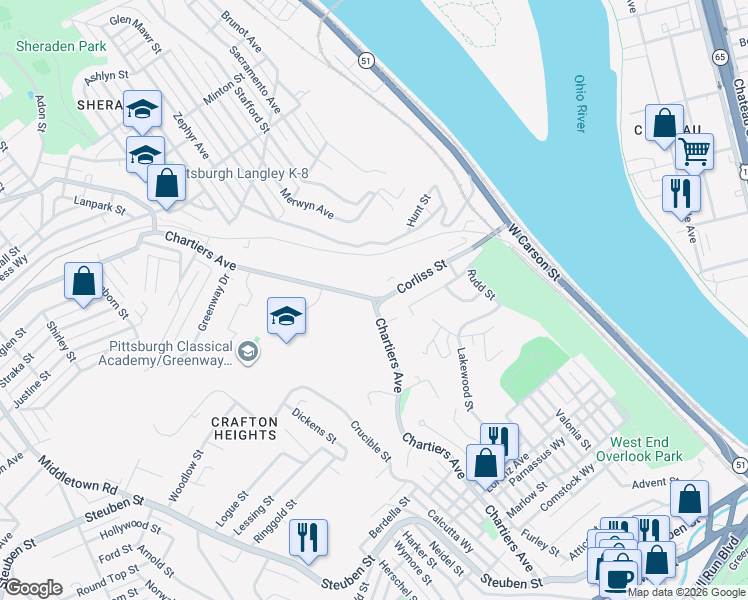 map of restaurants, bars, coffee shops, grocery stores, and more near Chartiers Ave & Corliss St in Pittsburgh