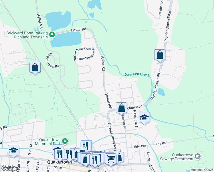 map of restaurants, bars, coffee shops, grocery stores, and more near 208 Yardley Court in Quakertown
