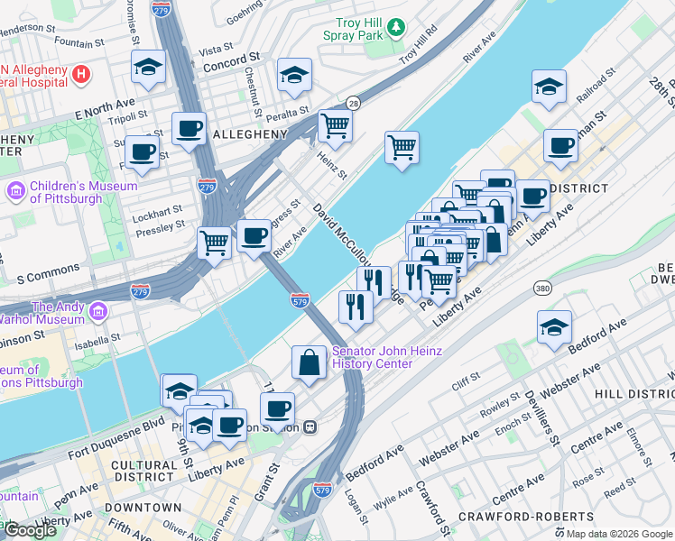 map of restaurants, bars, coffee shops, grocery stores, and more near 50 16th Street in Pittsburgh